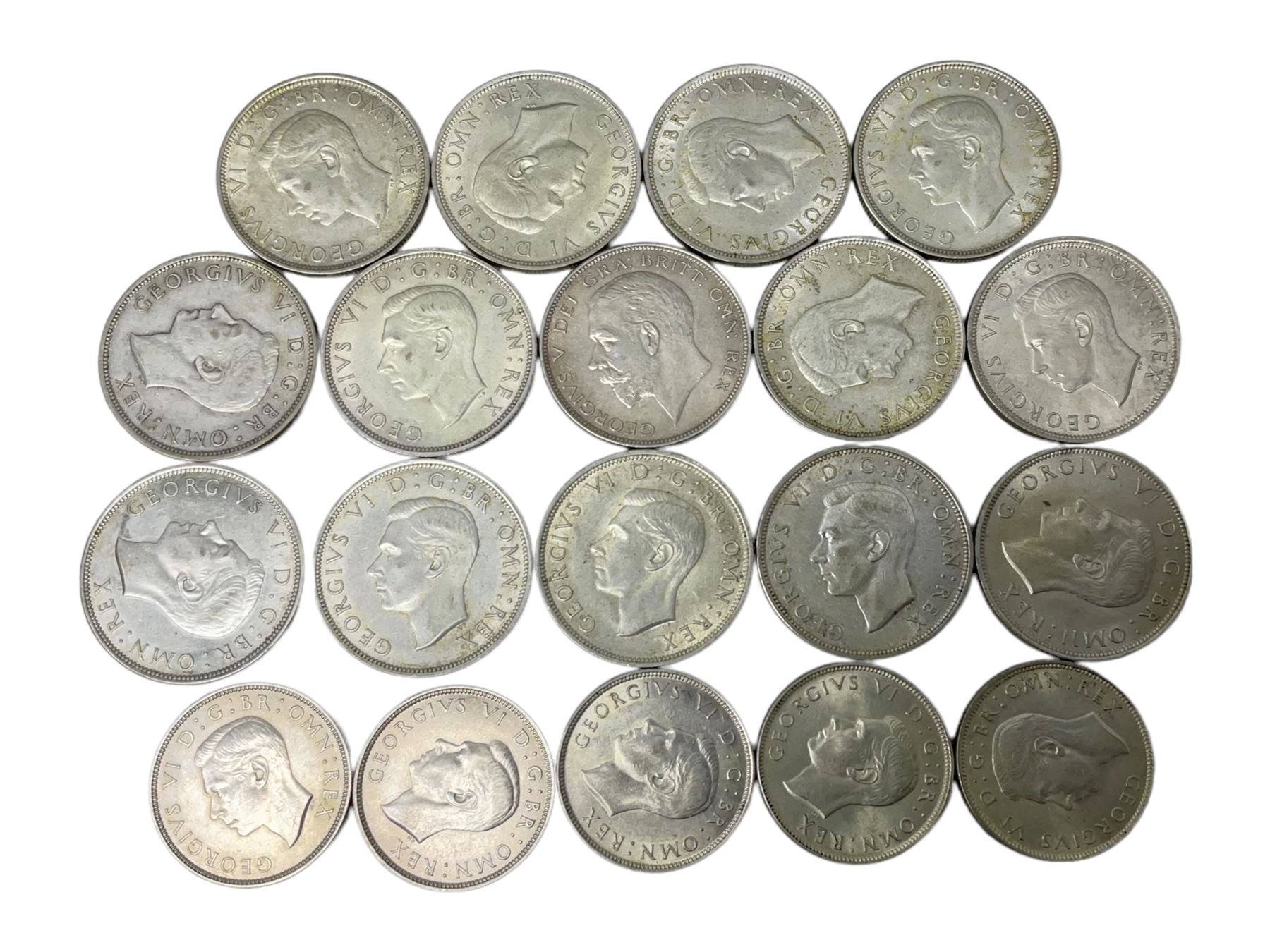 Pre 1947 Great British silver coins, comprising fourteen halfcrowns and five two shillings