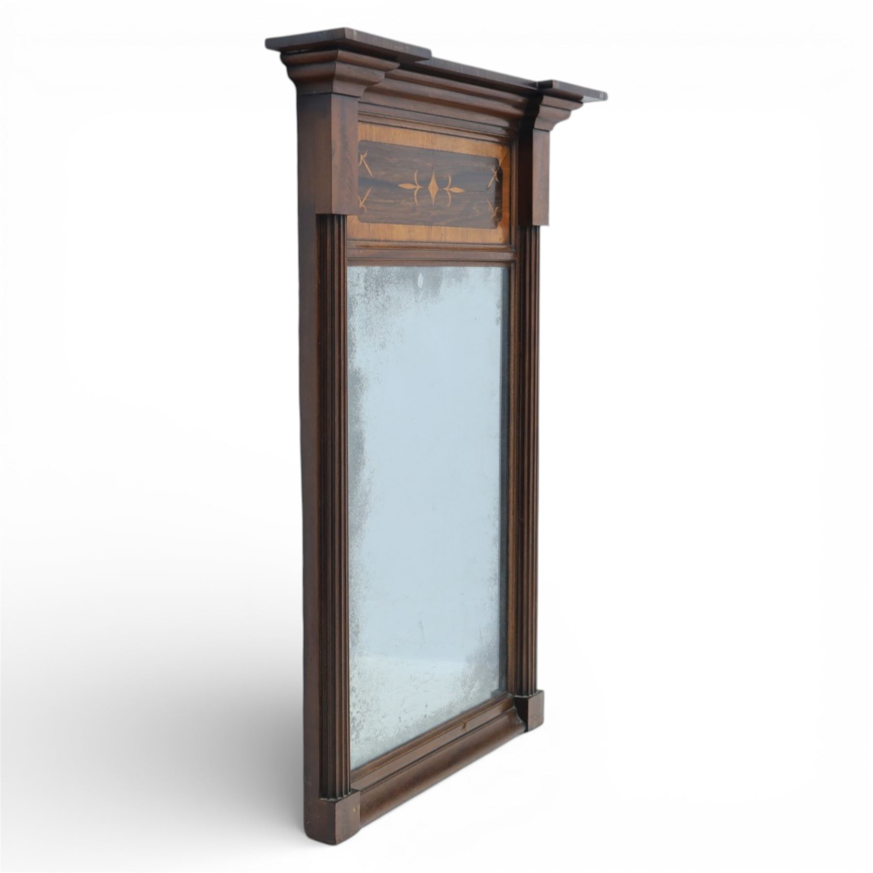 Early 19th century Regency mahogany pier glass, the original rectangular mirror plate within fluted pilaster uprights, with satinwood and rosewood crossbanded and inlaid frieze above