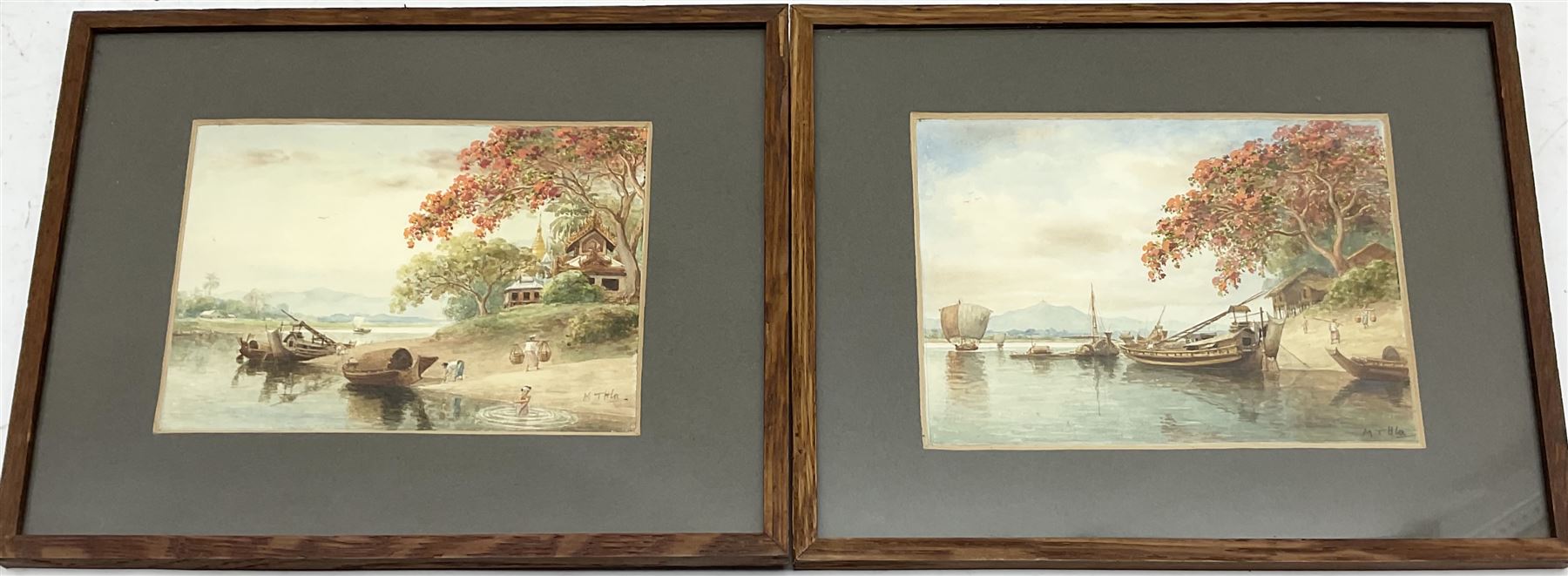 Maung Tun Hla (U Tun Hla) (Burmese 1874-1946): Royal Poinciana Tree on River Bank, pair watercolours signed M T Hla 16cm x 21cm (2)