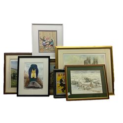 Chuck Jones (American 1912-2002): 'Bugs Bunny and Honey Bunny - Valentine', limited edition animation cel hand signed and numbered 360/500 dated 1993 together with watercolour of a duck, watercolour of a winter cottage, signed Sturgeon print and others max 45cm  x 56cm (7)