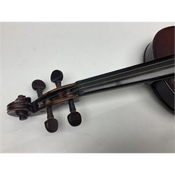 German violin c1900 with 36cm two-piece maple back and ribs and spruce top L59.5cm overall; and German violin c1890 with 36cm two-piece maple back and ribs and spruce top L59.5cm overall; both in carrying cases (2)