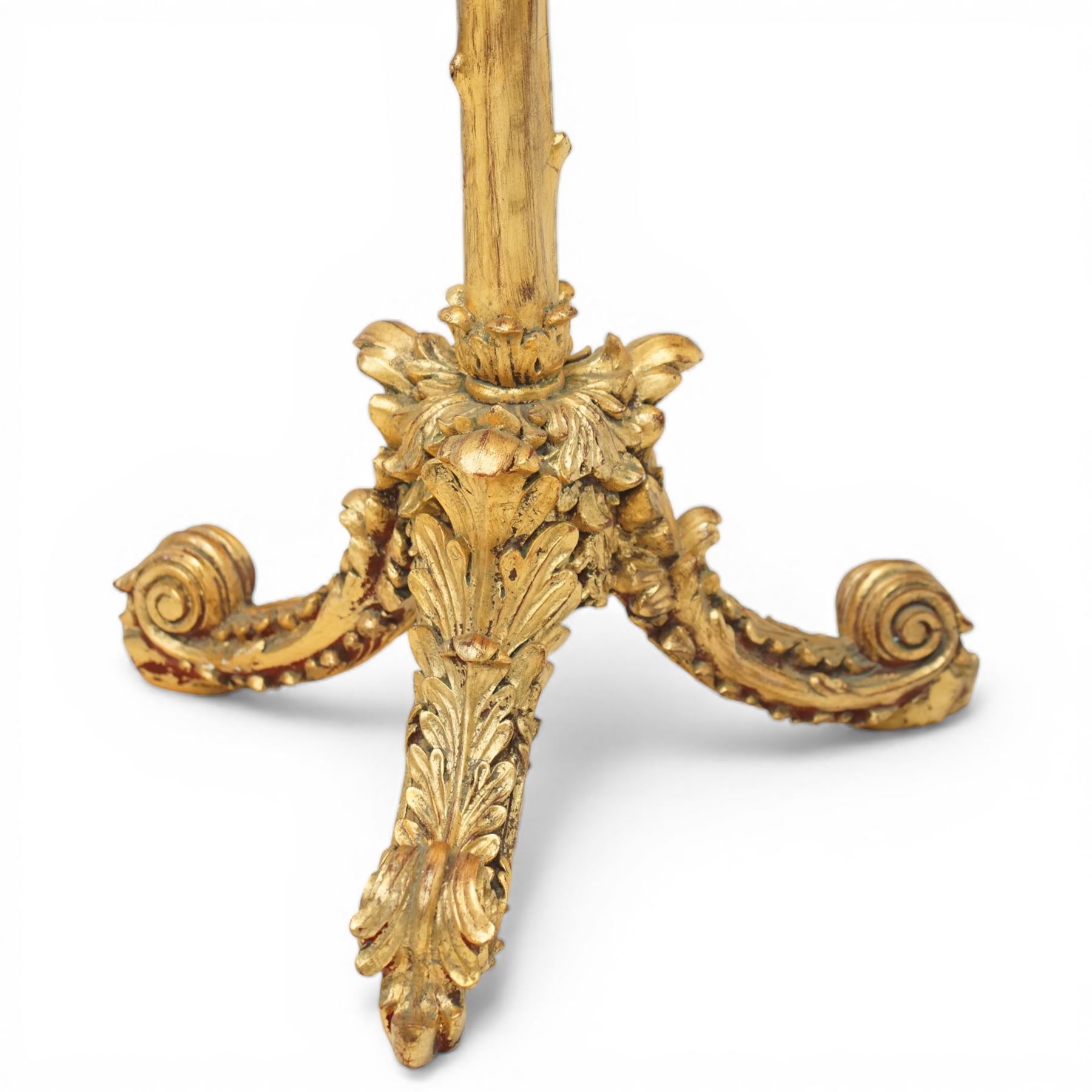 Louis XVI design giltwood torchère stand, the circular dish top with moulded rim above a naturalistic branch form stem, raised on a triform base with acanthus carved scrolling feet