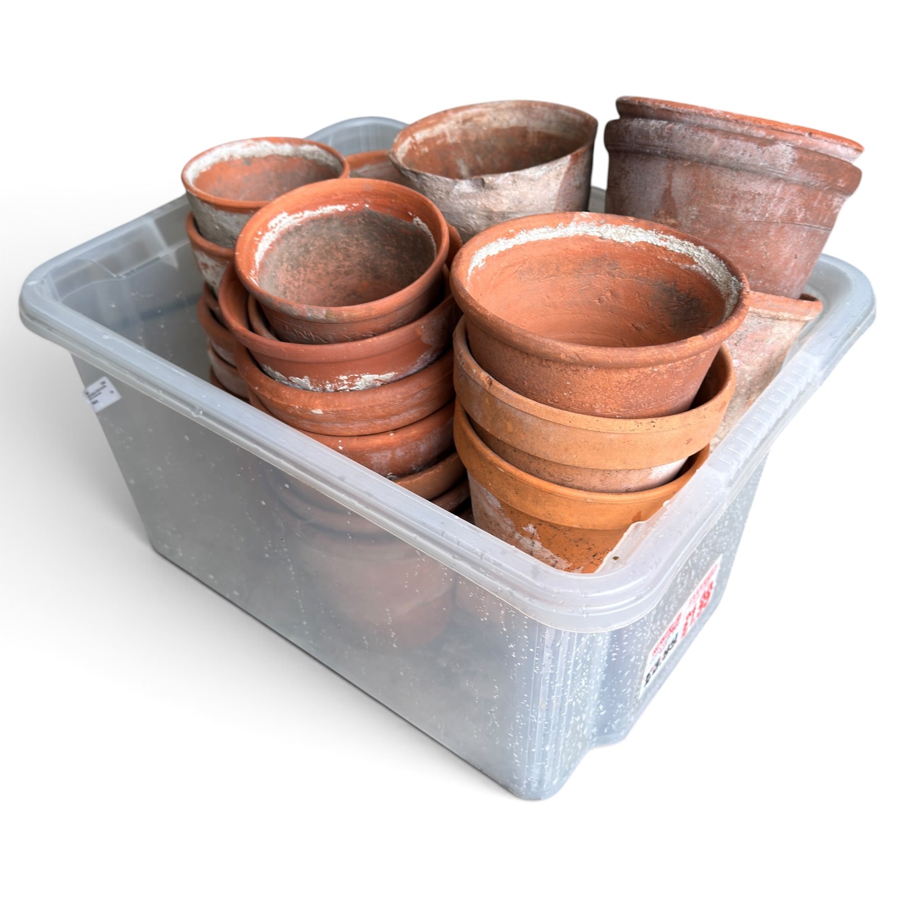 Large collection of vintage terracotta flowerpots of varying traditional forms and graduated sizes, including examples stamped Sankey’s Ltd, Bulwell, Notts and Hidcote, in five boxes