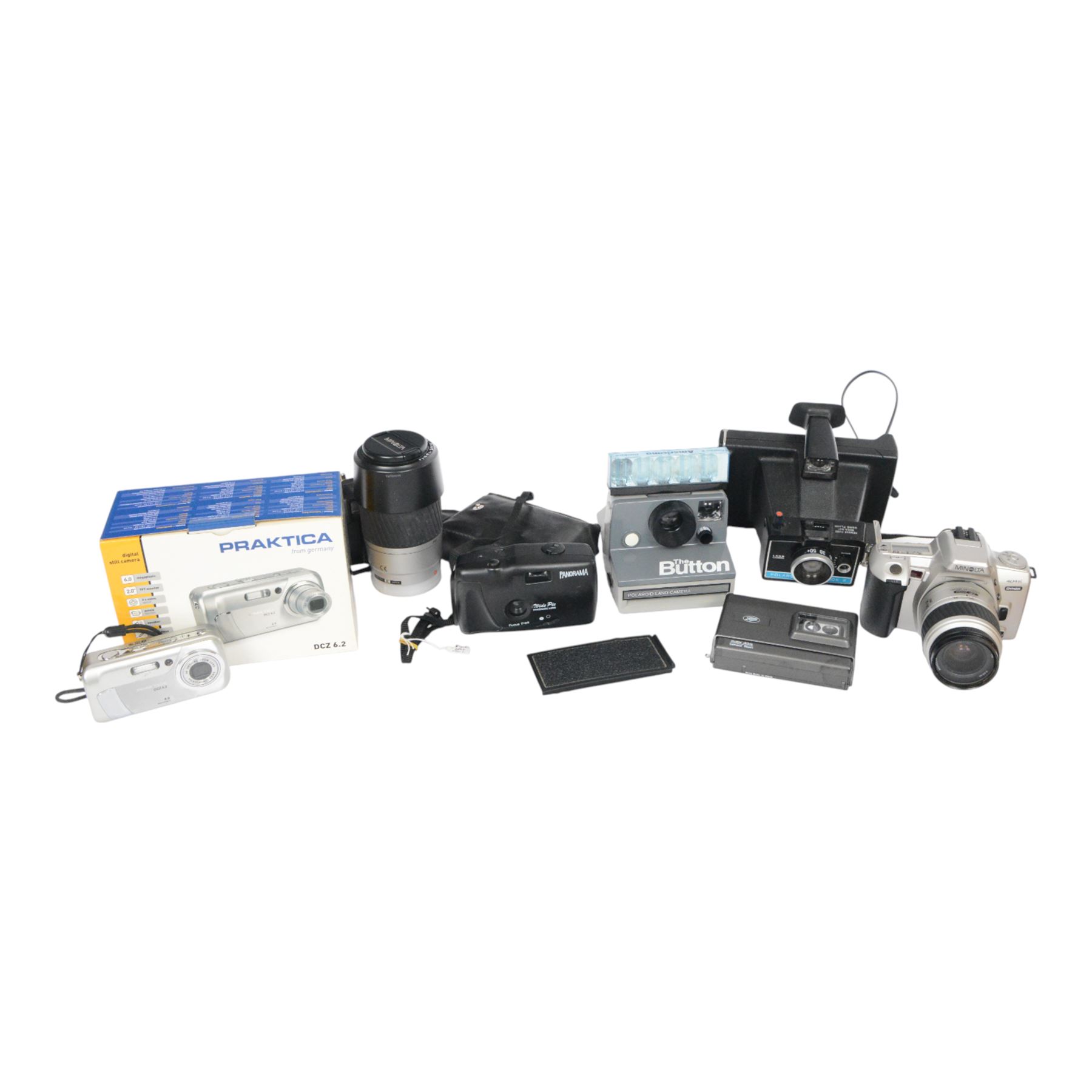 Praktica DCZ 6.2 digital camera, two Polaroid cameras, Minolta 404 si etc
