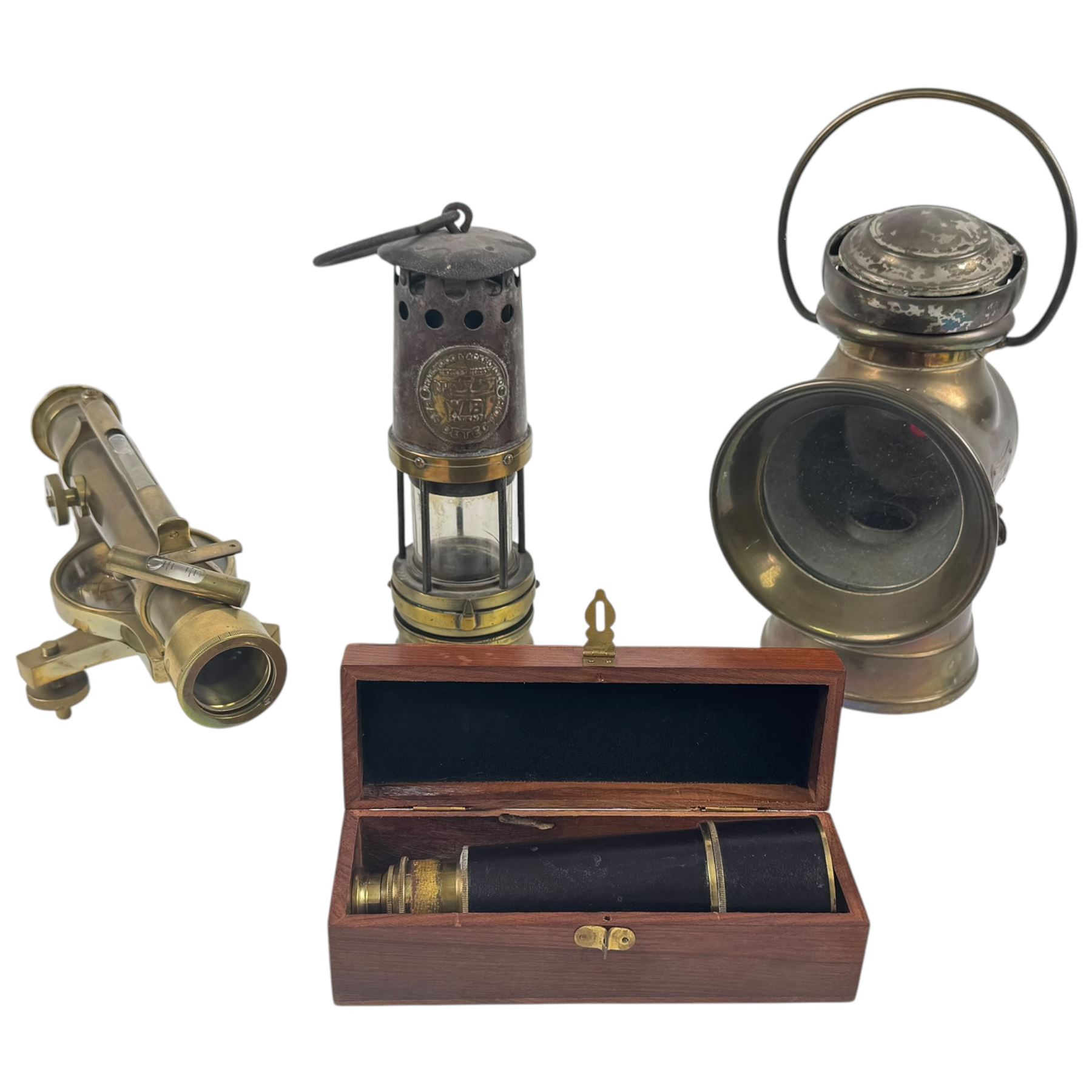 Brass railway lantern, Hailwood & Ackroyd WB patent miners lamp, brass theodolite and a telescope