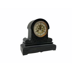 Late 19th century Belgium slate mantle clock with a Parisian rack striking eight-day movement, striking the hours and half hours on a bell, recessed white enamel dial with visible Brocot deadbeat escapement and jewelled pallets, Brocot pendulum adjustment arbor, Roman numerals and minute track with matching steel moon hands, brass cast bezel with bevelled glass, glazed rear door with a matching cast bezel, arch topped case with scroll carving on a stepped plinth. 
With pendulum.

