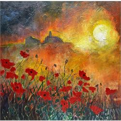 Ann Lamb (British 1955-): Sunset over the Poppy Field, mixed media on canvas signed 50cm x 50cm