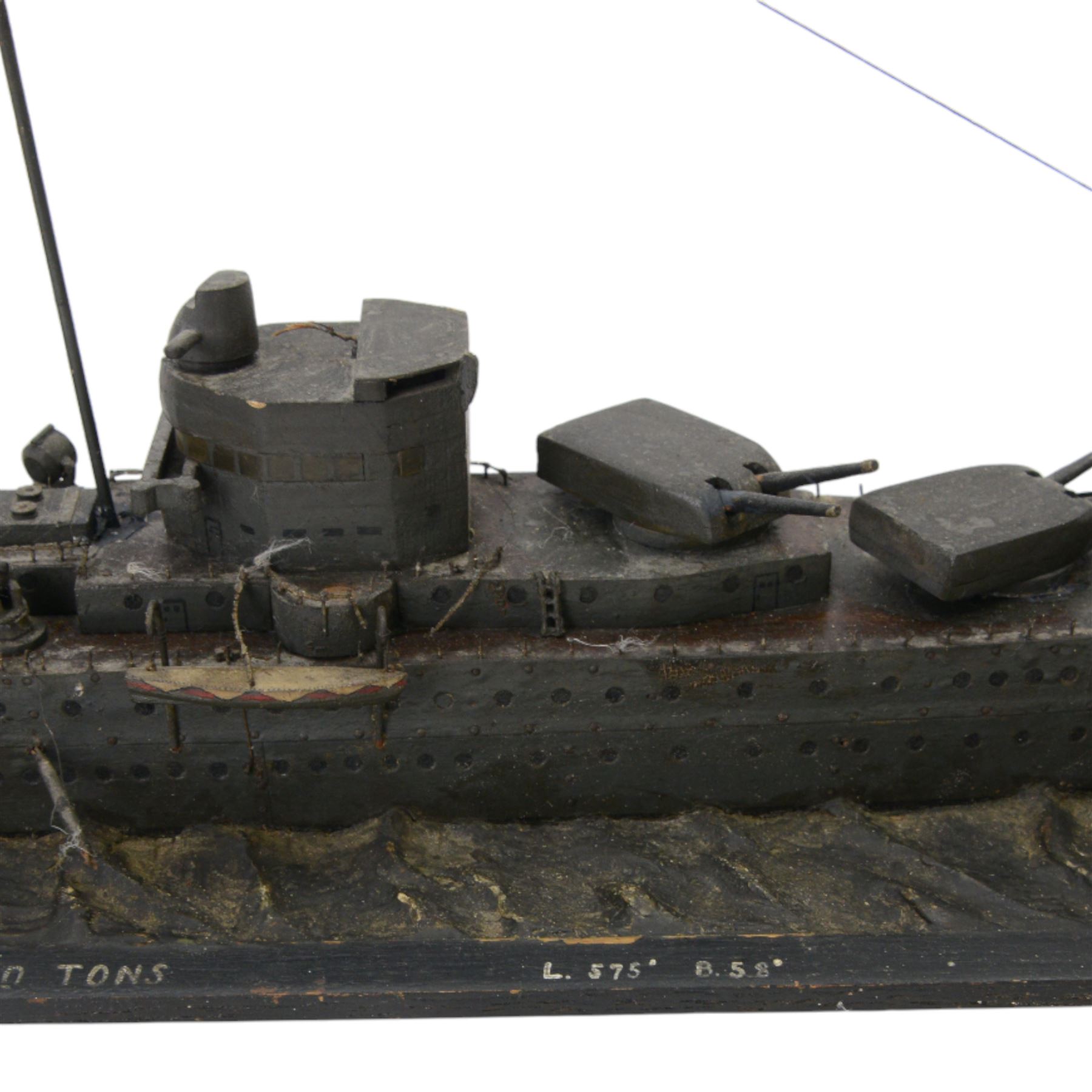  HMS Exeter, Waterline wartime metal model upon a wooden base, circa 1939-45, H24cm, L82cm  