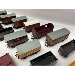 Hornby Dublo - forty-three goods wagons including nine tank wagons (Esso, Mobil, Vacuum, UD and Traffic Services), brake vans, meat and fish wagons, bogie well and bolsters, cable drums, open wagons, salt and grain wagons, etc; and six others by Tri-ang etc; all unboxed (49)