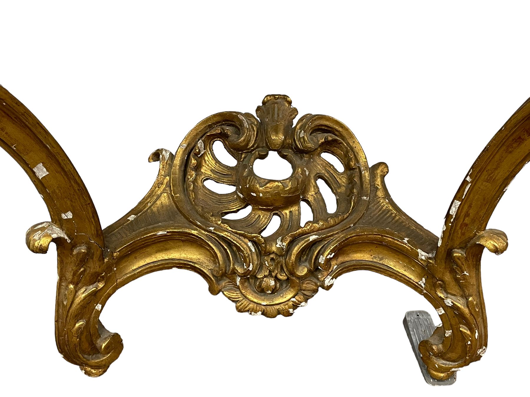 19th century giltwood and gesso console table, shaped variegated rouge marble top with moulded edge, central shell motif with extending scrolled foliage, on foliate and flower head moulded cabriole supports united by pierced shell middle rail, scrolled acanthus leaf terminals 