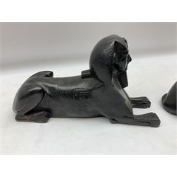 Pair of 20th century Egyptian cast metal sphinx models, H13.5cm
