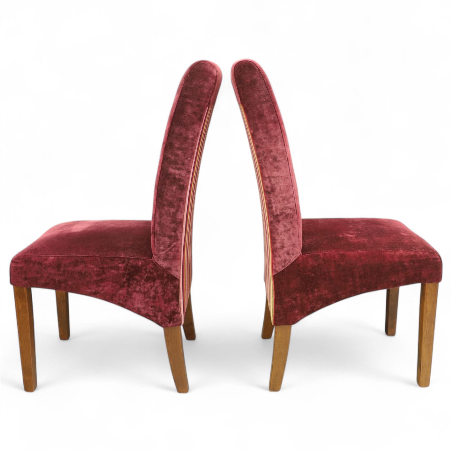 Willis & Gambier - mahogany extending dining table, rectangular top with rounded corners on cabriole legs, with two 35cm extension leaves, four Willis & Gambier upholstered high back chairs and four mahogany chairs, upholstered in a stripped multi-coloured velvet fabric, with scroll-shaped top rail, lyre-shaped back splat on cabriole legs, chairs W46xD91x97cm (11) 