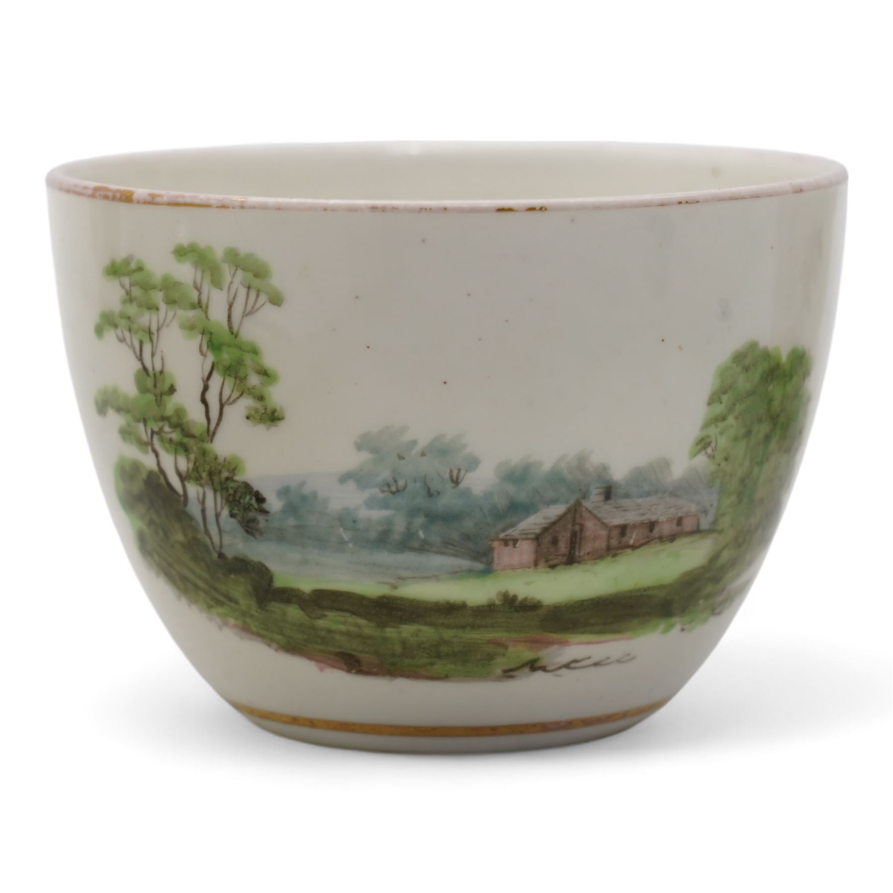 Set of four Pinxton porcelain bute shaped teacups and saucers, circa 1796-1813, pattern no. 218, painted in polychrome with landscape panels within gilt rims, possibly by John Cutts, three pieces numbered 218 beneath, saucer D14cm, teacup H6cm (8)