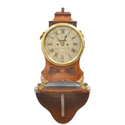 18th century bracket clock with twin chain fusee movement, the steel dial inscribed Thomas Hill, Fleet Street, London in mahogany case with blind fret carved panels, brass handles on gilt brass scroll feet with a later mahogany bracket H50cm excluding bracket