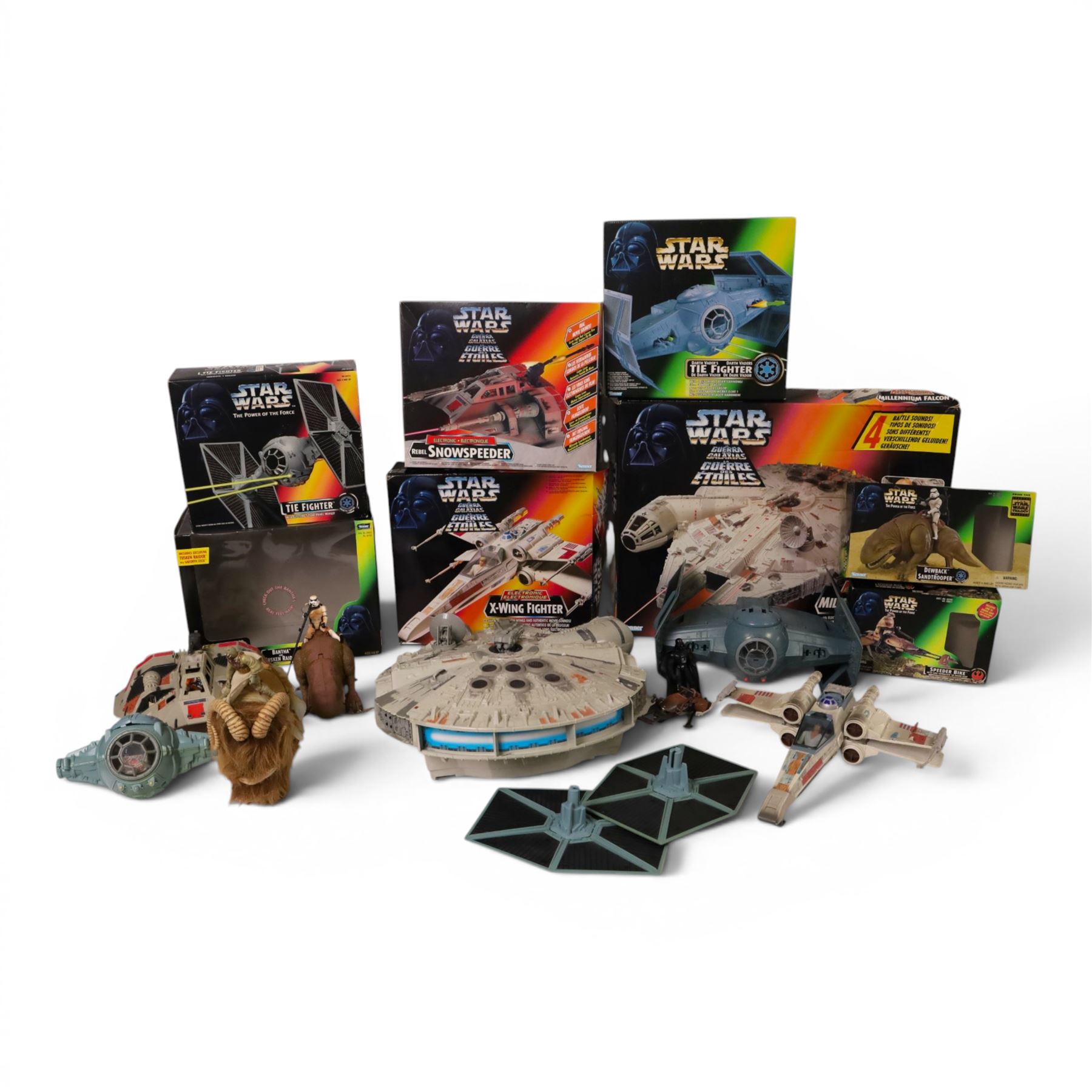 Kenner Star Wars The Power of the Force playsets, including Dewback and Sandtrooper, Rebel Snowspeeder, Darth Vader's Tie Fighter, Bantha and Tusken Raider, Speeder Bike with Luke Skywalker, X-Wing Fighter =, Tie Fighter and Millennium Falcon, all with boxes