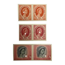 Three Queen Elizabeth II Rhodesia and Nyasaland 1954 stamp proof pairs, comprising half pence, threepence and two shilling sixpence