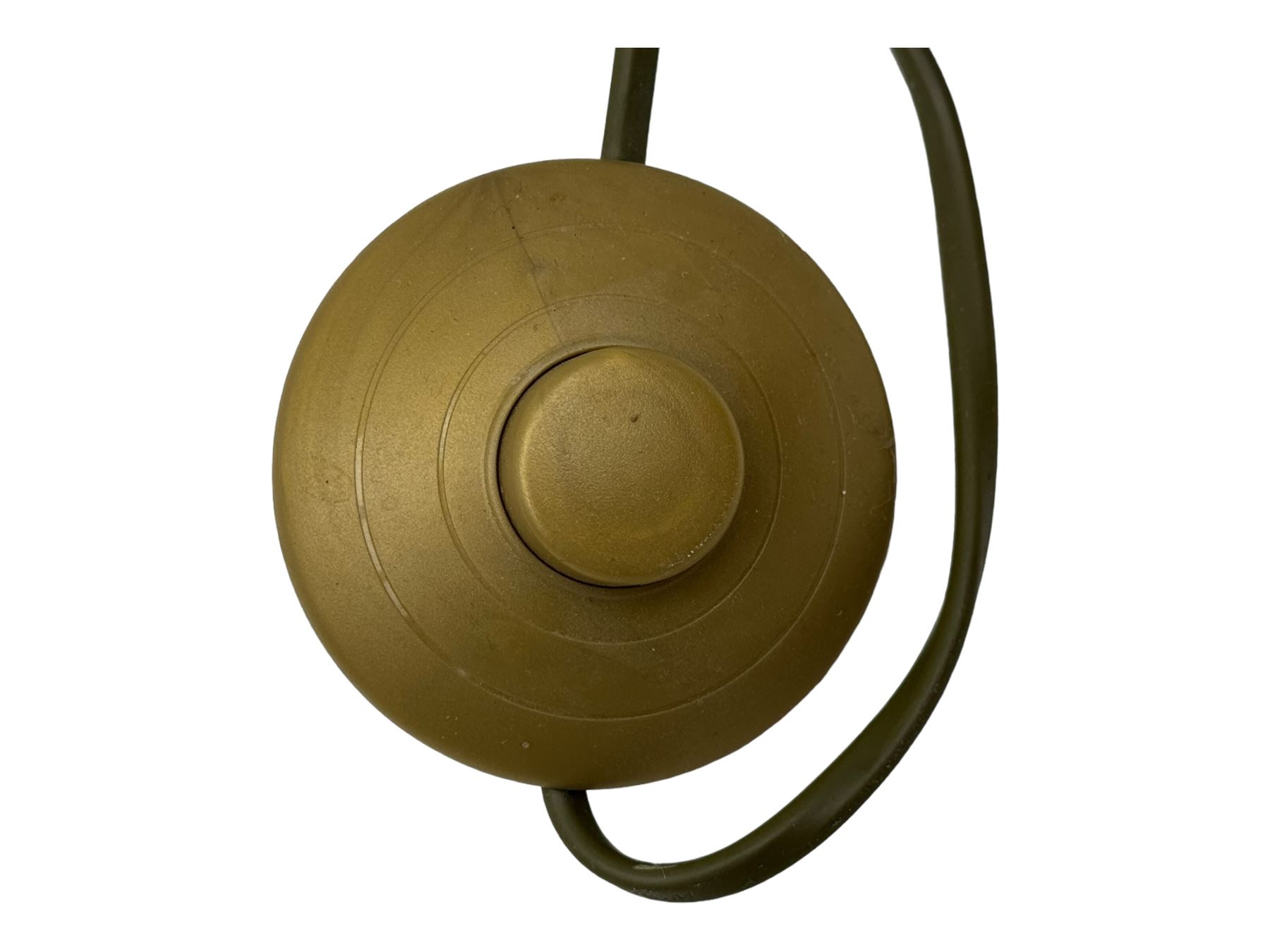 Contemporary brushed metal standard lamp, brass effect with cylindrical stem, on circular base, H131cm; matching table lamp, H35cm (2)