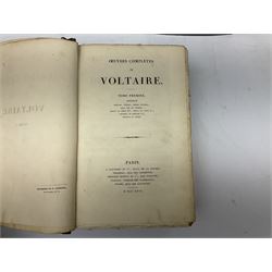 Eighteen 19th century leather bound books including Oeuvres Completes De Voltaire. 1827 Paris. Two volumes; Oeuvres De Pierre Corneille. 1892 Paris; Commentarium in Librum Geneseos Scripsit Thomas Josephus Lamy. 1883 Mechliniae; etc (18)