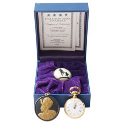 Halcyon Days pocket watch and 'Classic Pooh' enamel box, together with a Wedgwood black ba...
