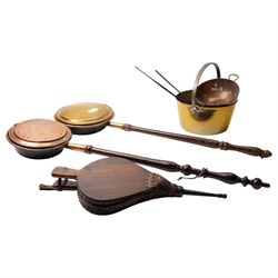 Two Victorian brass and copper warming pans, brass preserve pan, oak bellows and other items