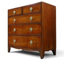 George III mahogany straight-front chest, two short over three long graduating drawers, cockbeaded edges with brass rose handles, raised on shaped supports