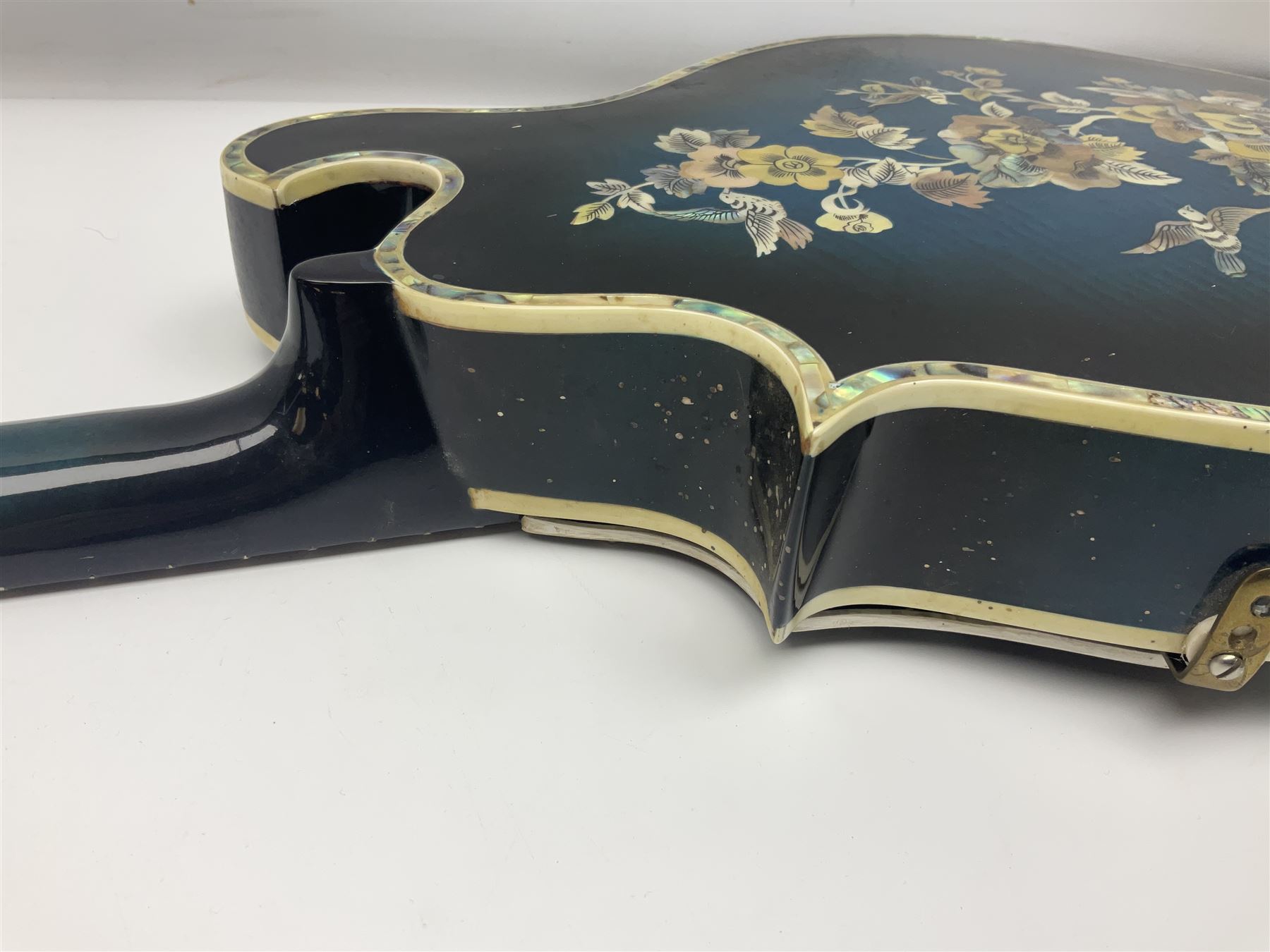 Eastern eight-string F-hole mandolin with blue sunburst finish and mother-of-pearl inlay of flowers and birds L69cm