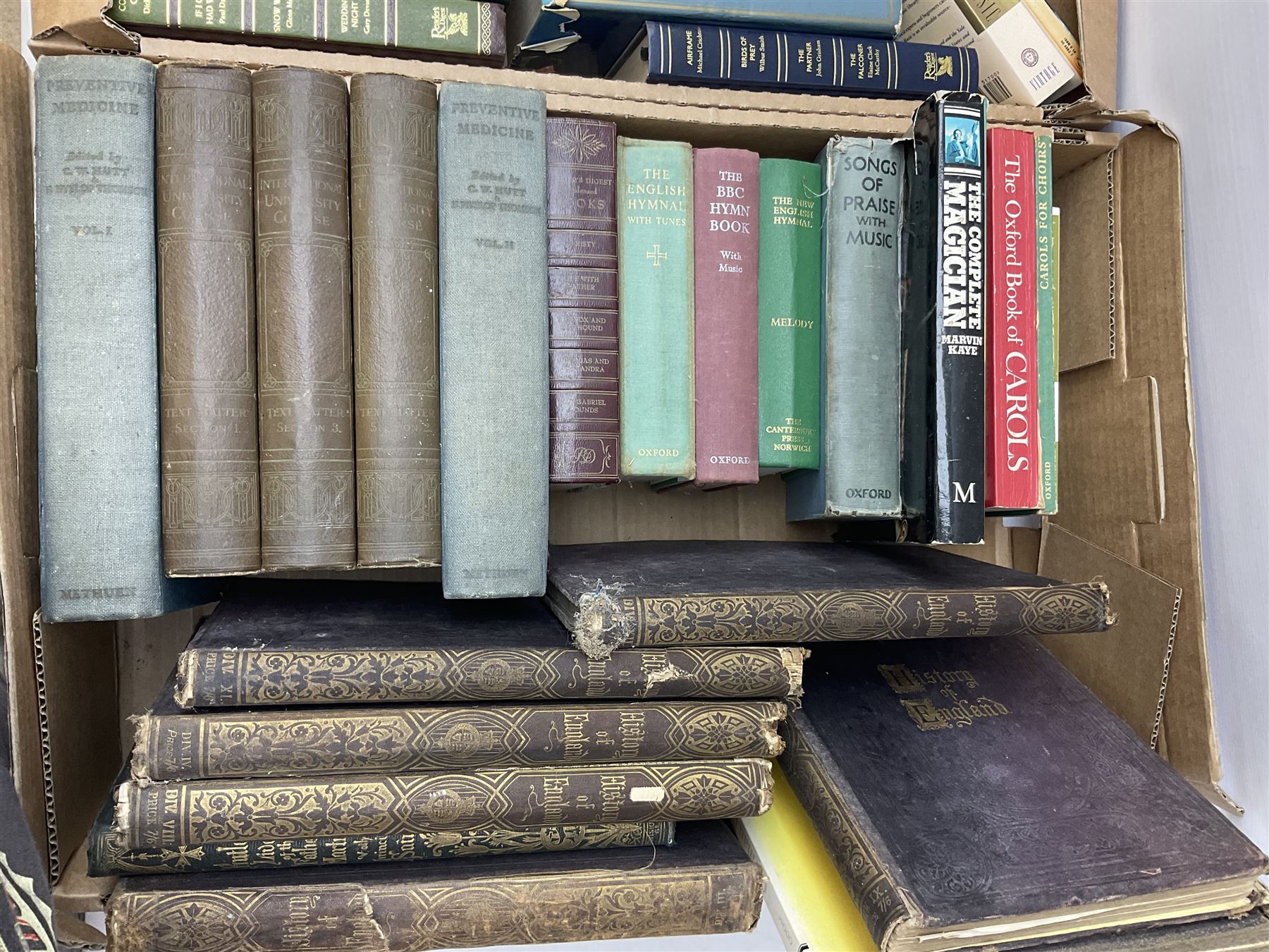 Collection of books, to include eight volumes of The Harmsworth Encyclopaedia, Dicken novels, readers digest books etc in five boxes