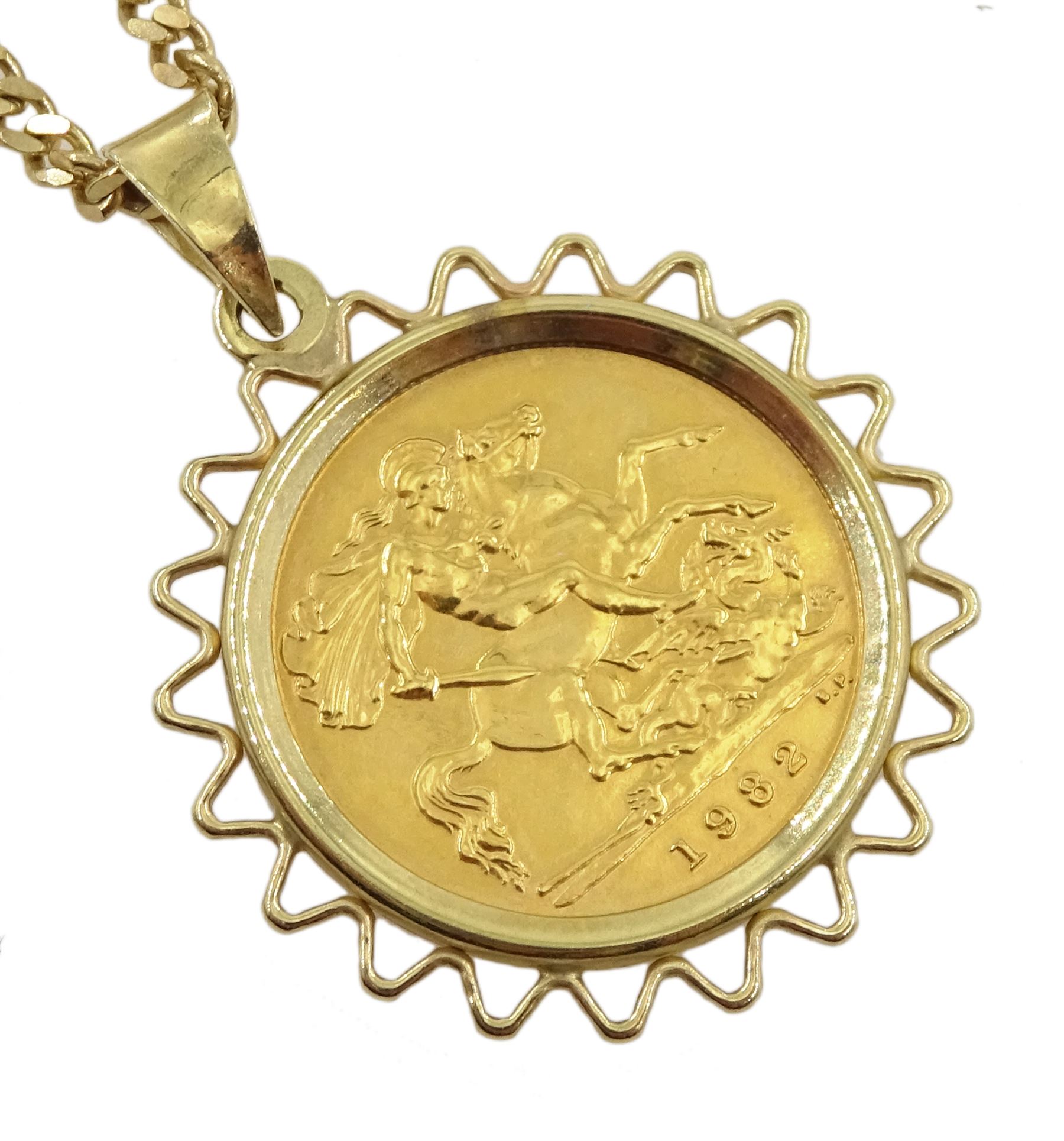 Queen Elizabeth II 1982 gold half sovereign coin, loose mounted, on 9ct gold pendant necklace