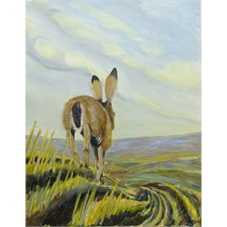  Jane Haigh (British 1966-): 'Wolds Hare', acrylic on canvas signed 91cm x 71cm (unframed)  