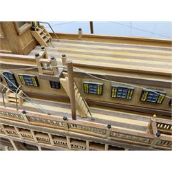 Hand built model of a river paddle steamer 'King of the Mississippi' and a sailing ship with three masts and unfurled sails, largest example H80cm, L101cm