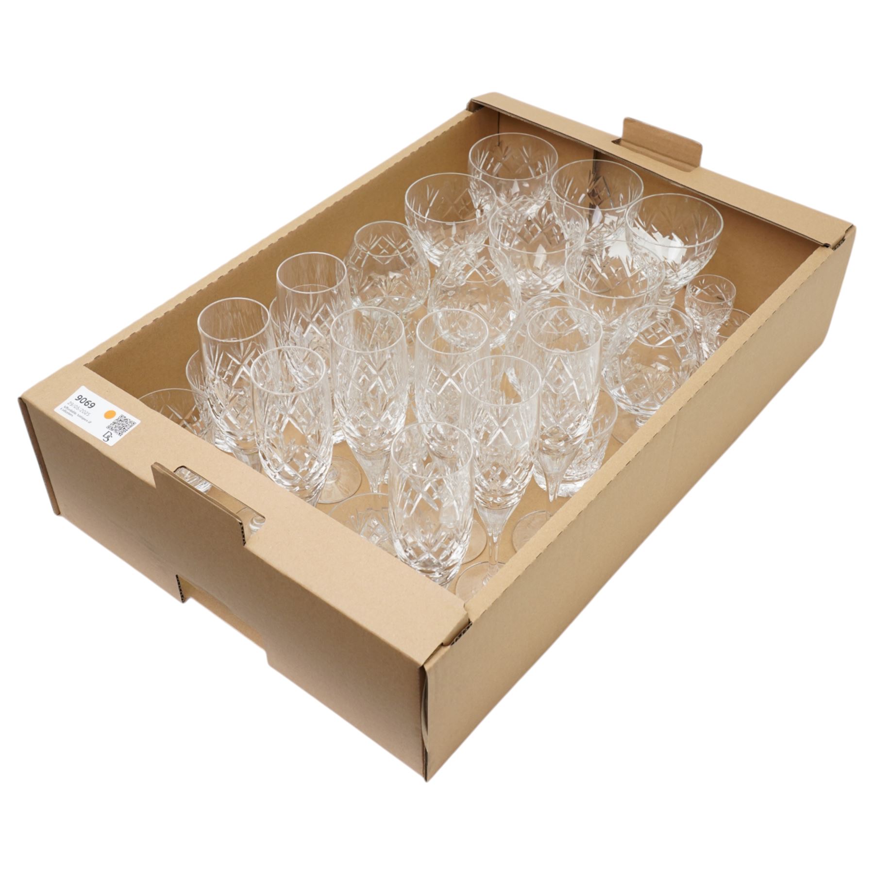 Quantity of Webb Corbett cut table glass including ten small tumblers, six claret glasses, brandy balloons etc and eight Royal Doulton champagne flutes