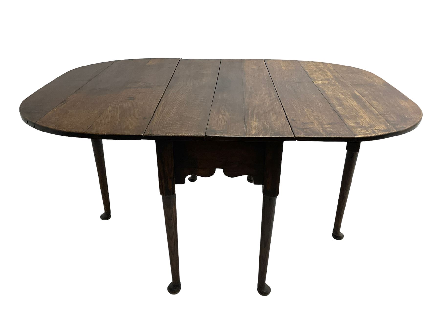 George III oak drop-leaf dining table, oval top over gate-leg action cabriole supports