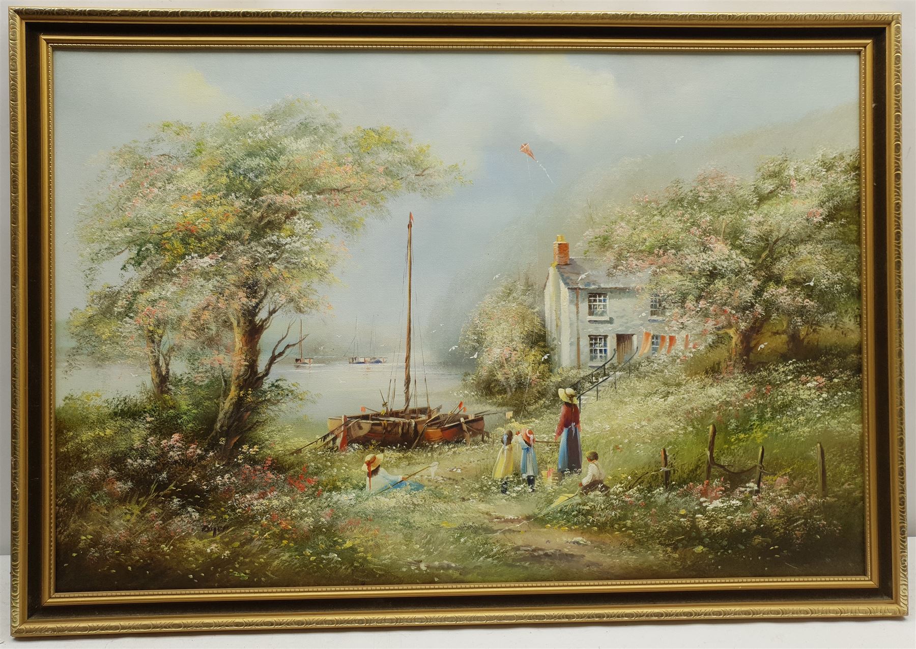 Edward 'Ted' Dyer (British 1940-): Flying a Kite on the Waterside, oil on canvas signed 50cm x 75cm