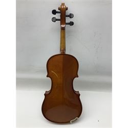 Three Stentor Student violins - three-quarter size with 33cm two-piece back; and two quarter size each with 28cm two-piece back; each in carrying case with bow (3)