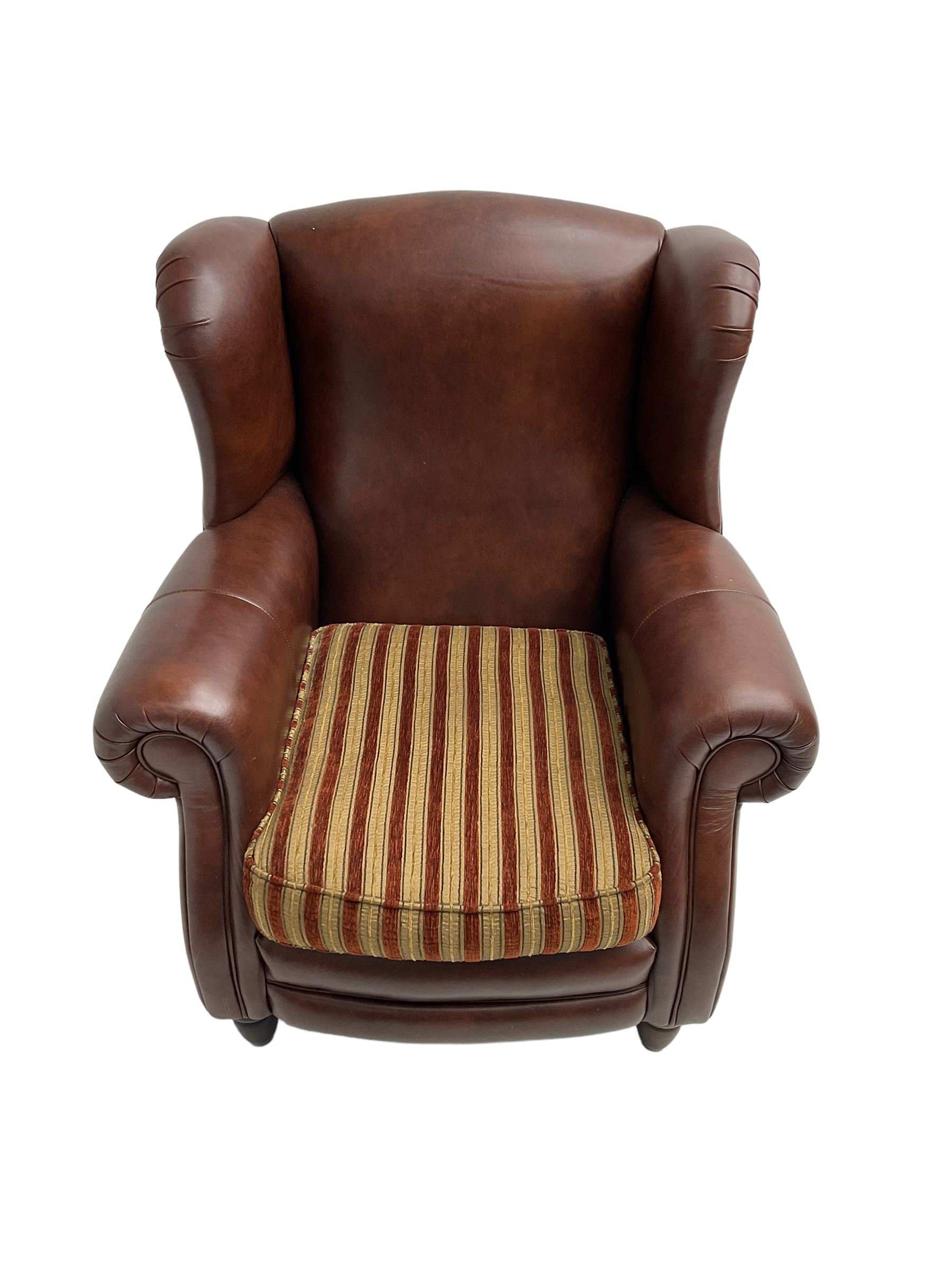 Gainsborough Lounge Suites - three piece leather and fabric lounge suite - pair two seat sofas (W225cm, H82cm, D105cm), and matching armchair (W88cm), on turned front feet with scatter cushions