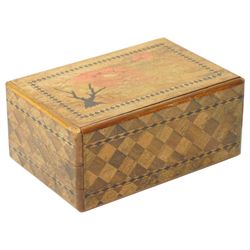 Japanese inlaid puzzle box, decorated with scenes of Mount Fuji and flowers, W15cm D10cm 