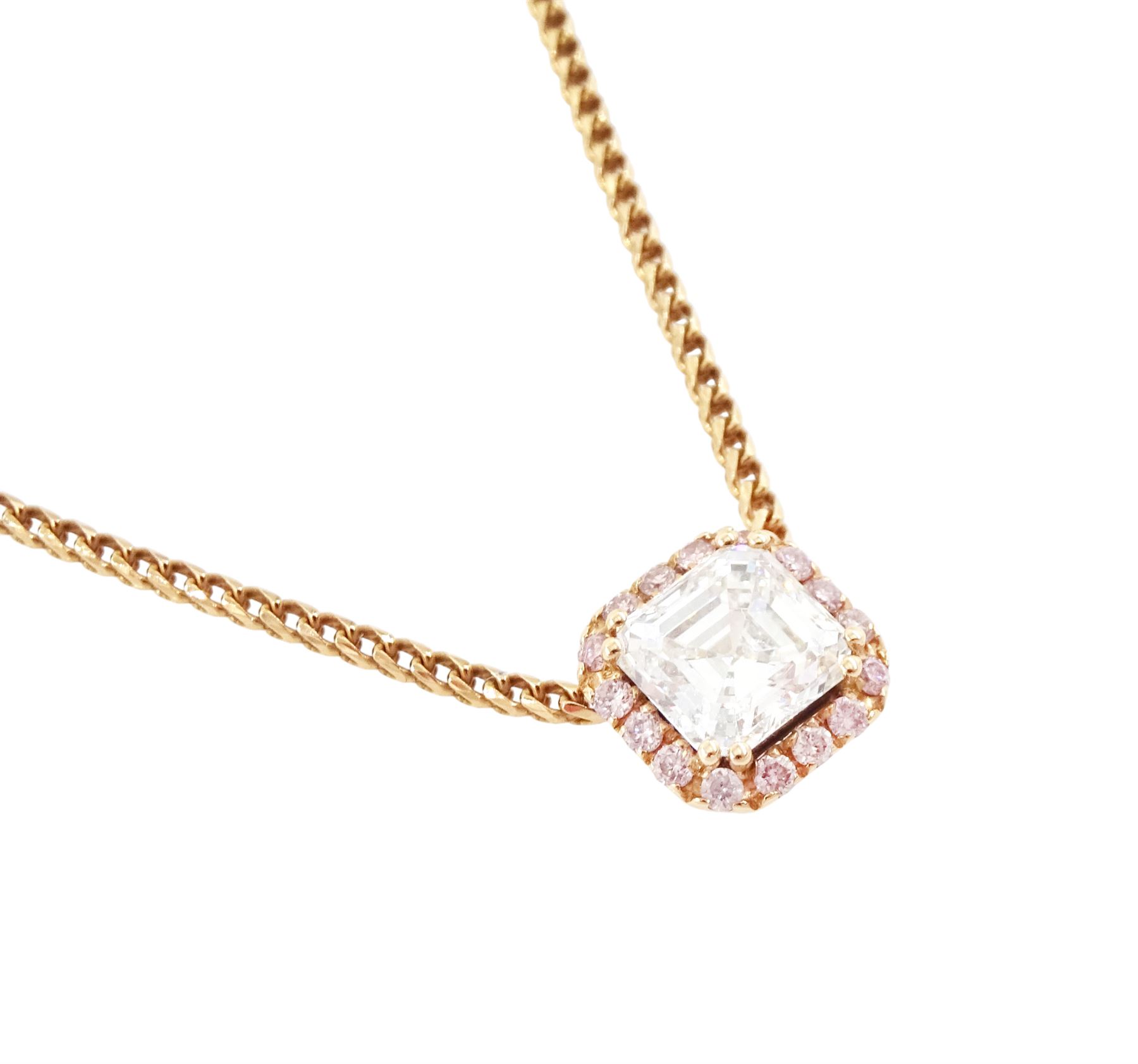 18ct rose gold diamond pendant necklace, the principal asscher cut white diamond of 0.71 carat, with round brilliant cut fancy pink diamond surround, total pink diamond weight 0.12 carat, with International Gemological Report