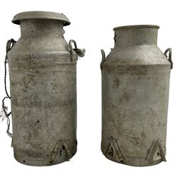 Near pair of antique aluminium milk churns with twin handles, one with Grundy Teddington lid