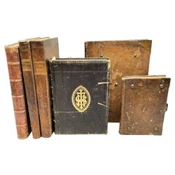 Six 19th century leather bound books of music comprising Graduale Juxta Missale Romanum and Antiphonarium Romanum. Both 1828 Divione; Graduel Romain and Psautier Romain. Both 1859 Digne/Paris; Graduel Romain. 1872 Marseille; and Missale Romanum. 1853 Mechliniae (6)
