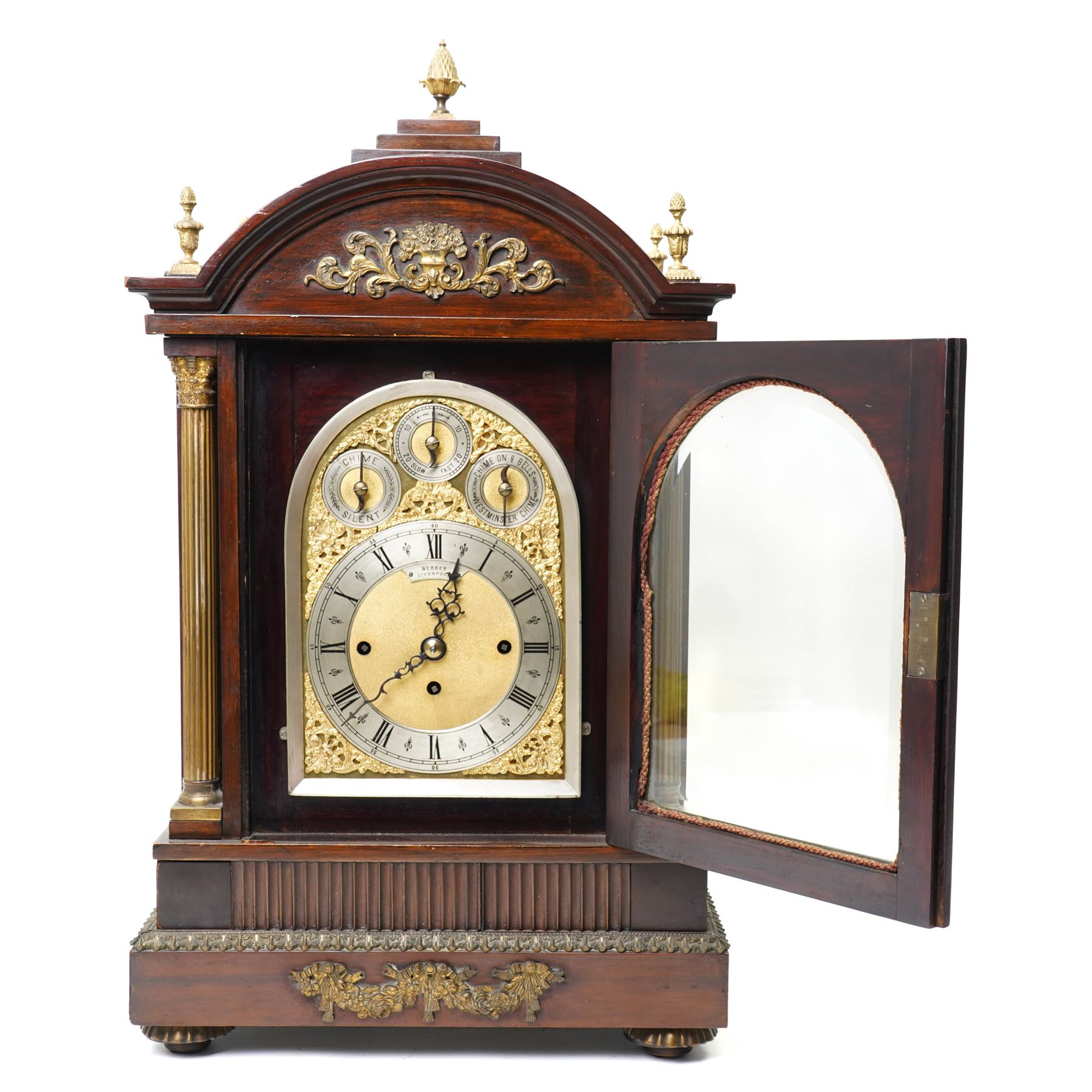 Late 19th century bracket clock with three train movement, Westminster Chimes on eight bells and gong strike, the brass dial inscribed 'Webber Liverpool' with gilt brass mounts in mahogany dome top case with pineapple finial, brass handles and classical columns on compressed circular feet H76cm