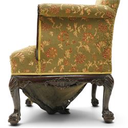 Pair of Chippendale design carved mahogany framed armchairs of stylised lyre form, high square backs and sprung seat upholstered in olive-ground foliate fabric, scrolled arm terminals with applied rosettes, the seat rail moulded with central scallop-and-acanthus motif, raised on shell-carved cabriole supports with ball-and-claw feet