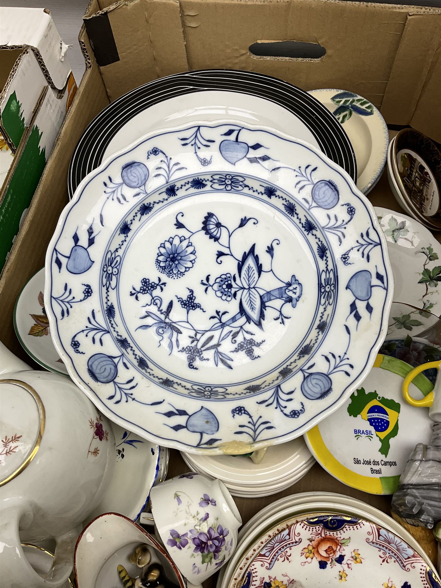 Collection of ceramics in four boxes to include two Meissen onion pattern blue and white plates, each with blue painted crossed swords mark to base,  Hornsea Fauna, West German plate etc