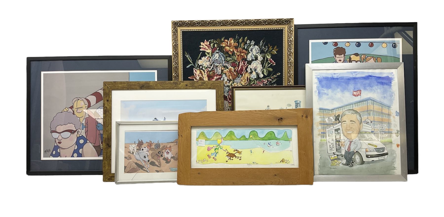 After Pete McKee (British 1966-): Picnic and Going to the Beach, pair colour prints 56cm x 42cm together with cartoon of dogs and five other prints and originals including caricature watercolour of 'Top Tec' (8)