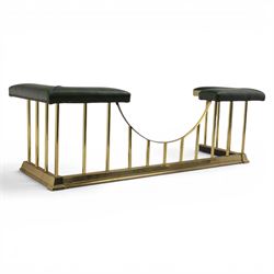 Regency design brass and green leather club fender, padded cushion corners