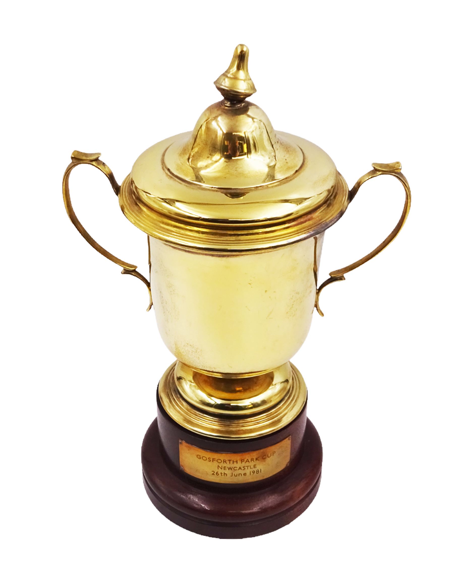 Edwardian silver-gilt twin handled trophy cup and cover, with two curved handles, the domed cover with urn finial, upon domed stepped foot and cylindrical mahogany base with applied plaque, hallmarked Skinner & Co, London 1908, total H29.7cm