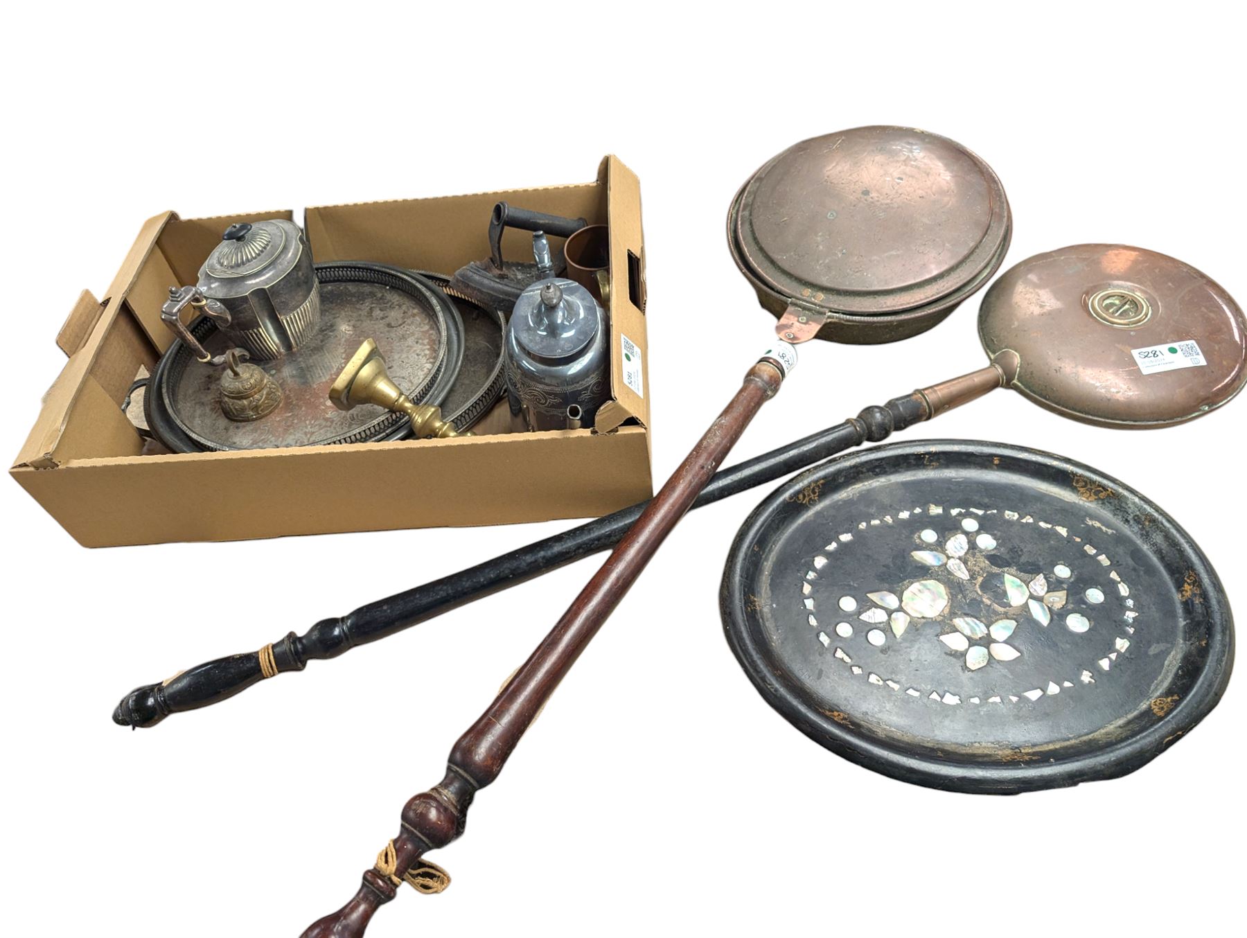 Two copper bed warming pans, silver plated teapot, mother of pearl inlaid tray and other metal ware