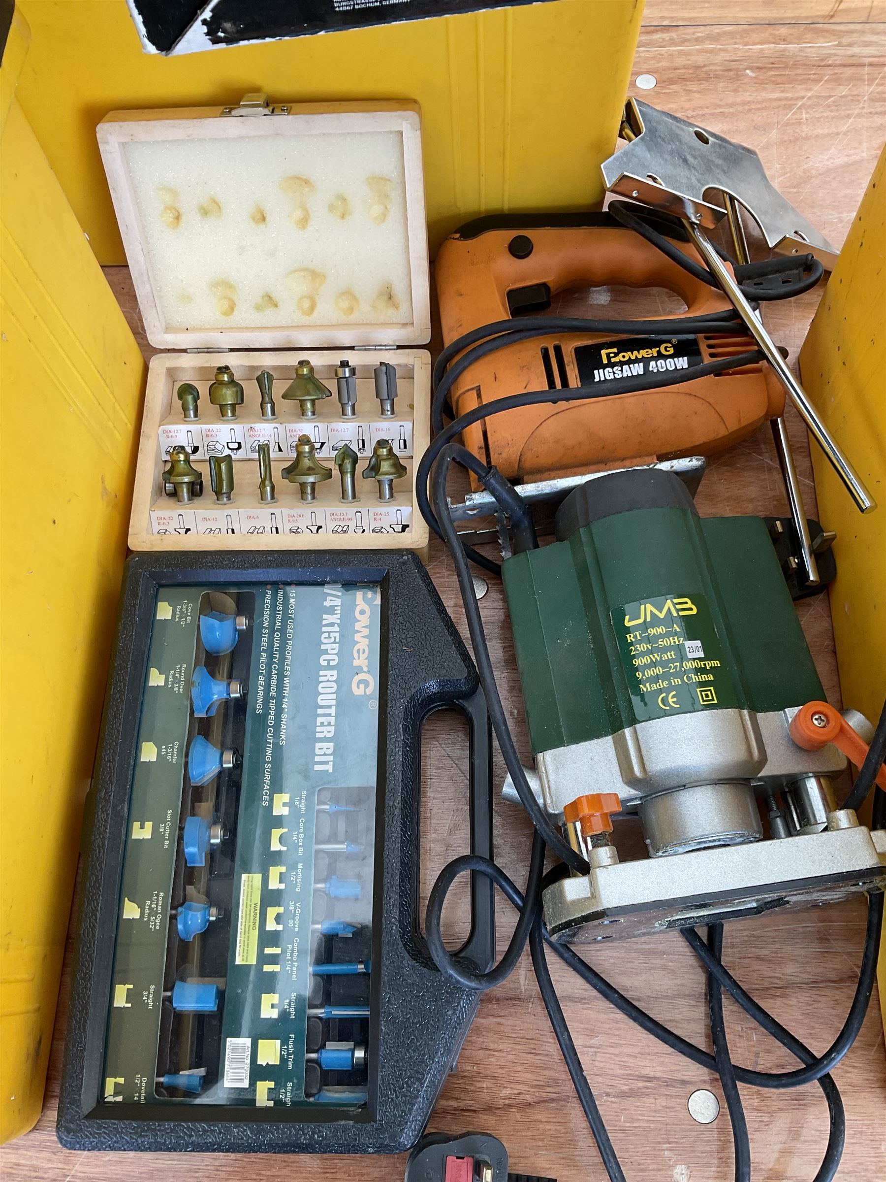 Jigsaw, router and router bit sets with accessories and three stackable