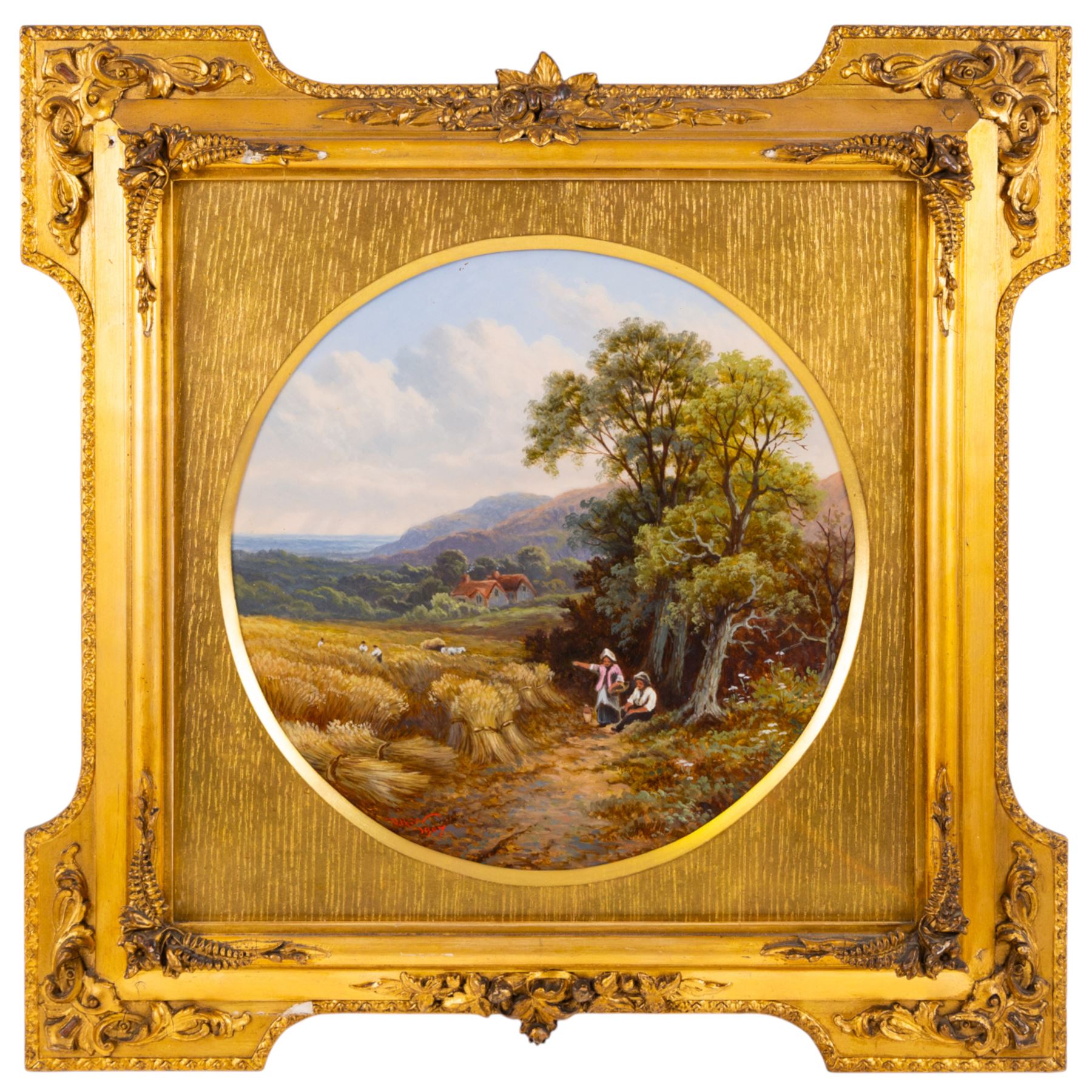 David Horatio Winder (Lancashire 1855-1933) Figures in the Cornfield, circular oil on board signed with initials and dated 1907, 30cm diameter; Maude Madelene Winder (Lancashire 1882 -1947): 'On the Dart - Devon' and 'Still Evening', pair oils on board signed and dated 1907; 35cm x 60cm, all in matching ornate gilt frames (3) 
Notes: Maude was the eldest child of David Horatio Winder and Alice Ashworth (1855-1919).