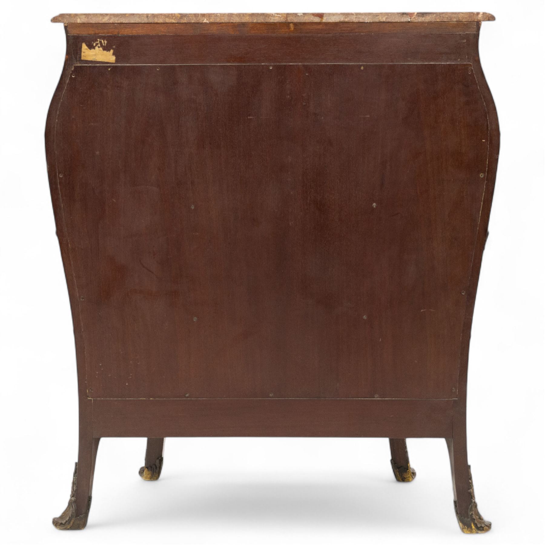 Early 20th-century Louis XV revival Vernis-Martin style bombe-shaped kingwood cabinet, serpentine-shaped variegated Breccia Pernice marble top with moulded edge, the front panel decoration with a painted romantic pastoral scene, interior with two shelves, flanked by gilt bronze masks, sides with diagonally book-matched veneer, bordered by gilt bronze scrolling acanthus mounts, raised on short cabriole form legs with gilt-bronze sabots, key included 