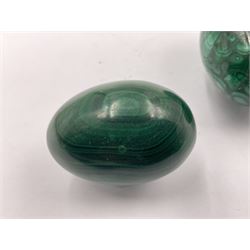 Three malicate specimen eggs, originally part of the collection of the late Stanley J Seeger, largest H7cm